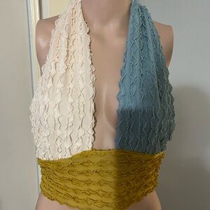 Cider Cream, Blue, and Gold Ruffled Crop Top